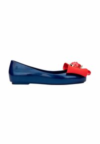 Navy blue ballet flat made of glossy material, featuring a red bow accent with a decorative flower detail near the toe.
