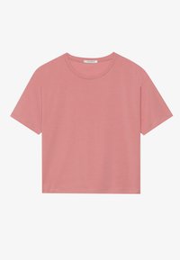 Tricou cu mânecă scurtă, cu gât rotund, dintr-un material roz deschis, având un croi lejer și detalii de cusut subtile de-a lungul gâtului și tivului.