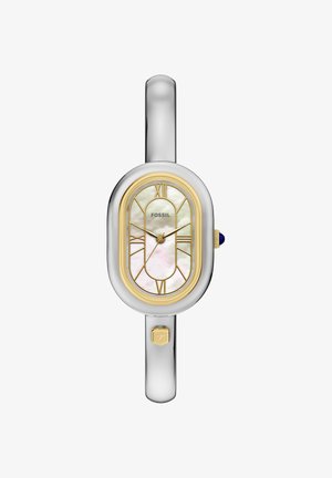 Rustfrit stål ur i sølvfarve med oval urkasse, gyldne detaljer, skive af perlemor og en blå krone. Romerske tal som markører på urskiven.