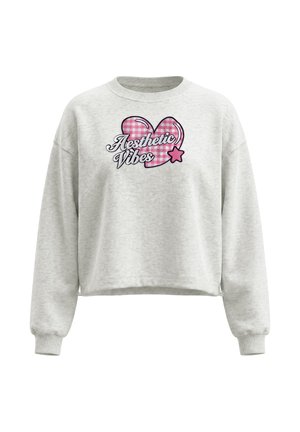 Lysegrå sweatshirt med ribbet manchet og kant, med et lyserødt ternet hjerte, stjerne og ordene "Aesthetic Vibes" på brystet.