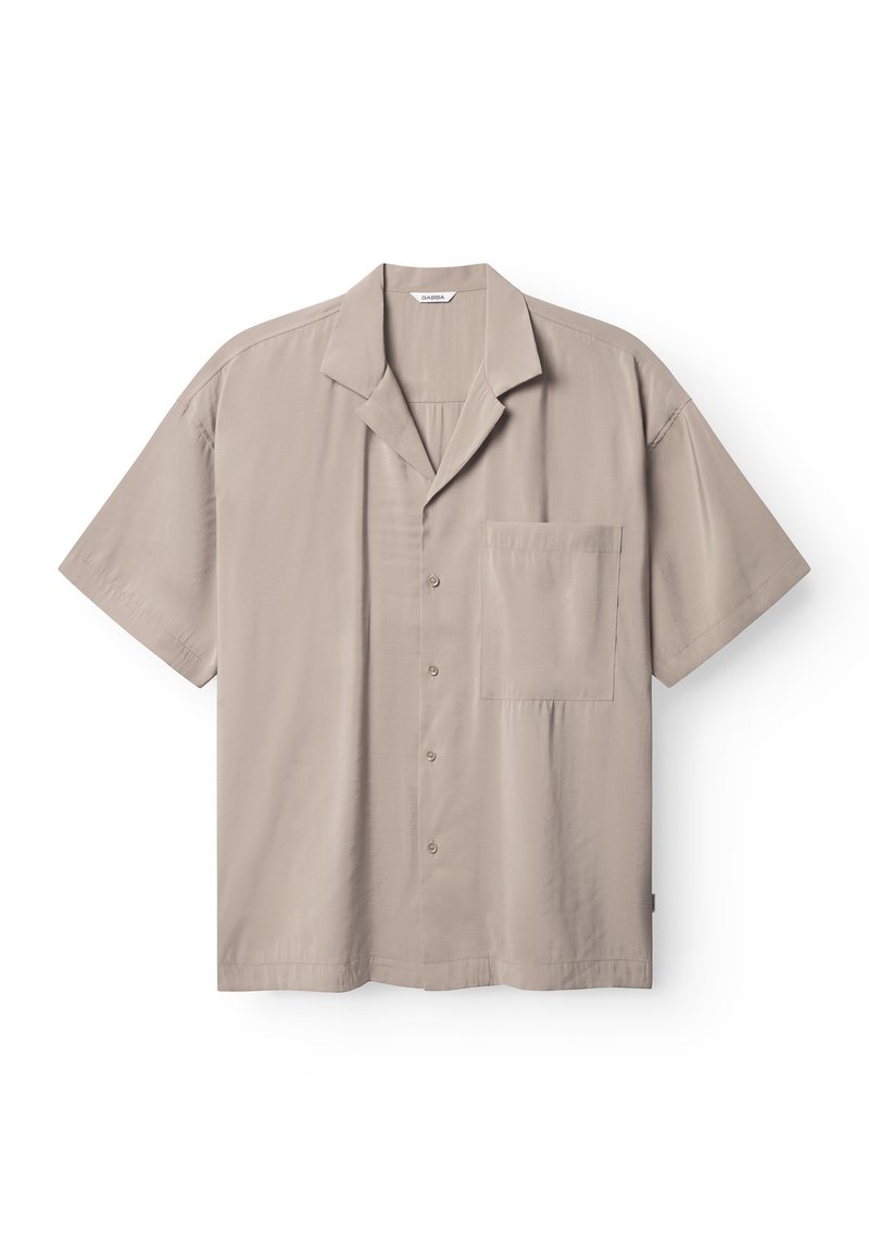 Korte mouwen overhemd met knopen, gemaakt van licht beige stof met een gladde textuur, een kraag met insnijding en een enkele borstzak.
