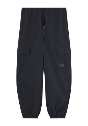 Black cargo pants made of lightweight fabric, featuring an elastic waistband, two side pockets, and elastic cuffs at the ankles.
