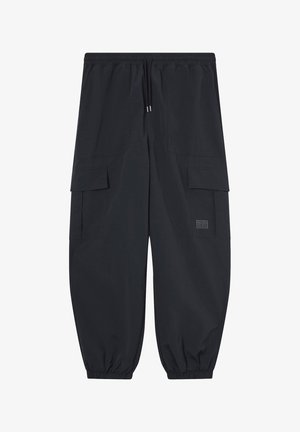 Black cargo pants made of lightweight fabric, featuring an elastic waistband, two side pockets, and elastic cuffs at the ankles.