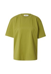 Olivenfarbene kurzärmlige T-Shirt aus Baumwolle mit Rundhalsausschnitt und lockerer Passform, mit einfachen, klaren Linien und ohne zusätzliche Verzierungen.