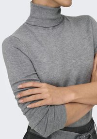 Pull à col roulé gris en maille légère avec des accents côtelés au niveau du col et des poignets. Le tissu a une texture lisse et une coupe ajustée.