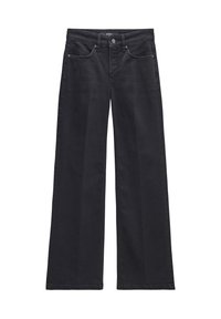 Black wide-leg jeans made of denim, featuring a button closure, five pockets, and subtle stitching details along the seams.