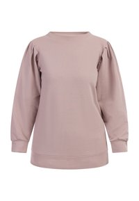 Maglione a maniche lunghe in morbido mauve. Presenta un colletto a girocollo e dettagli arricciati sulle spalle. Realizzato in tessuto morbido, vestibilità rilassata.