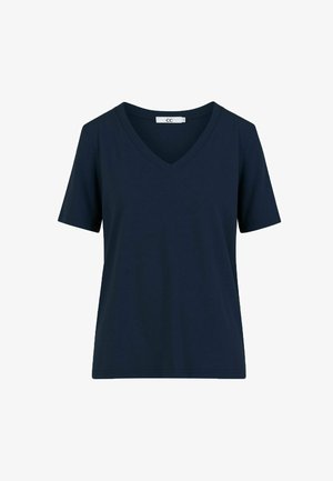 Marineblauw T-shirt met korte mouwen en een V-hals, gemaakt van een zachte stof, met strakke lijnen en een losse pasvorm. Geen patronen of accenten.