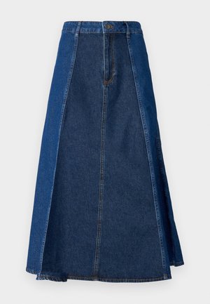 Denim midi skjørt med to-tonet design, mørk og lys blå seksjoner, rett snitt, frontsplit og tradisjonell midjebånd med knappelukking.