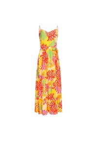 Maxi-jurk in levendig geel, versierd met rode en roze bloemmotieven, met spaghettibruidjes en een gestrikt middel voor een mooi figuur.