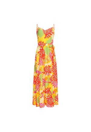 Maxikleid in leuchtendem Gelb, verziert mit roten und rosa Blumenmustern, mit Spaghettiträgern und einem gebundenen Taillengürtel für die Silhouette.