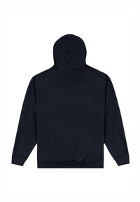 Černá mikina s kapucí s hladkou texturou, dlouhými rukávy a volným střihem, s žebrovaným lemem a manžetami.