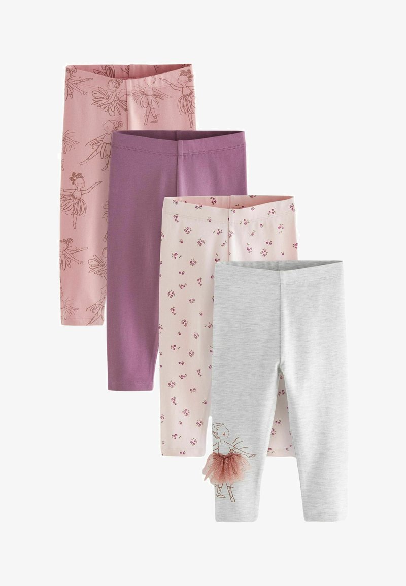 Čtyři páry dětských legín: světle růžové s potiskem balerín, jednobarevné fialové, světle růžové s květinovým vzorem a šedé s ilustrací baleríny.