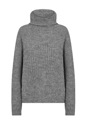 Hallid hallist turtleneck-svetrist, mis on valmistatud tekstureeritud kudumismaterjalist, pikkade varrukate, kõrge krae ja vabalt langenud lõikega.