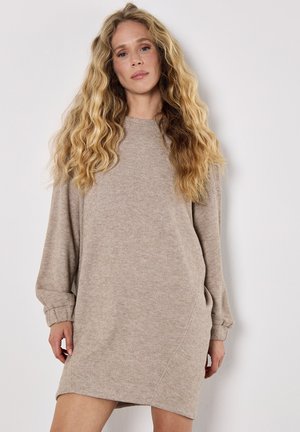 Robe pull beige avec une finition texturée, des manches longues et un col rond, atteignant le mi-thigh. Les coutures ajoutent un intérêt visuel.