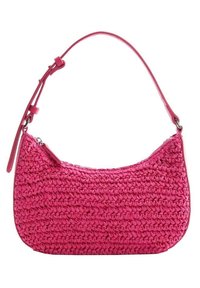 Borsa a tracolla rosa intrecciata con una forma curva, dotata di una tracolla e chiusura con zip. Realizzata in materiale testurizzato con una tonalità vivace.