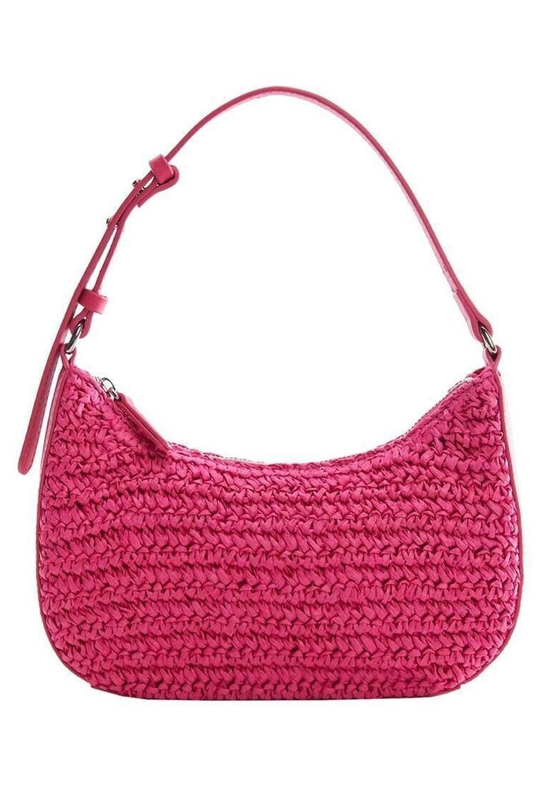 Borsa a tracolla rosa intrecciata con una forma curva, dotata di una tracolla e chiusura con zip. Realizzata in materiale testurizzato con una tonalità vivace.