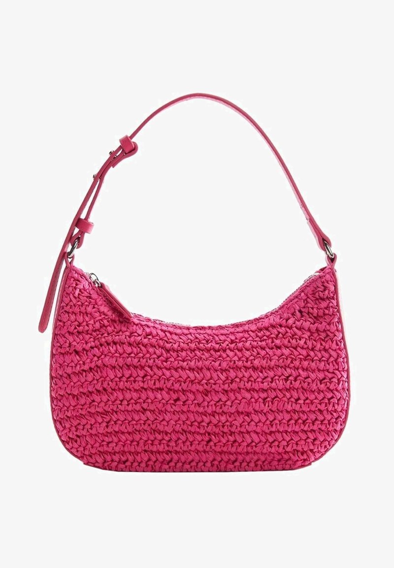 Borsa a tracolla rosa intrecciata con una forma curva, dotata di una tracolla e chiusura con zip. Realizzata in materiale testurizzato con una tonalità vivace.