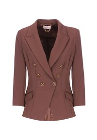 Blazer marrone doppiopetto con bottoni dorati, rever a punta e tasche laterali. Presenta una fodera testurizzata visibile all'orlo.