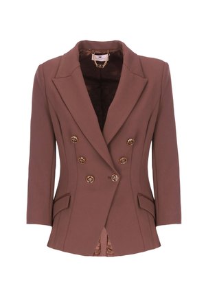 Blazer marron à double boutonnière avec des boutons dorés, des revers crantés et des poches latérales. Présente une doublure texturée visible à l'ourlet.