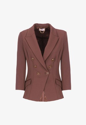 Blazer marrone doppiopetto con bottoni dorati, rever a punta e tasche laterali. Presenta una fodera testurizzata visibile all'orlo.