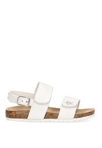 Sandal de piel blanca con dos correas ajustables de velcro, entresuela de corcho y suela de goma. Presenta un pequeño acento decorativo en la correa.