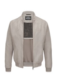 Hellgraue Bomberjacke mit durchgehendem Reißverschluss, gerippten Bündchen und glatter Textur. Verfügt über ein Mesh-Futter und ein minimalistisches Design.