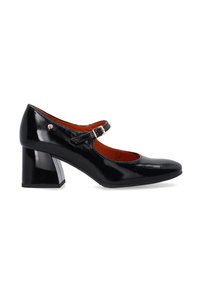 Black patent leather Mary Jane shoe with a rounded toe, secured by a buckle strap, and a thick, block heel. Smooth texture and shiny finish.
