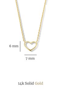 14k solid gold necklace with a heart pendant, 6 mm by 7 mm, featuring a delicate chain with twisted links.