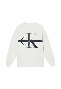 Sudadera de algodón blanca con un gran logotipo negro de Calvin Klein y diseño gráfico en la parte delantera. Cuello redondo y puños de canalé.