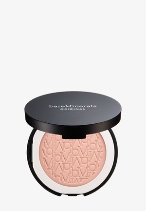 Poudre compacte dans un étui circulaire noir avec une base transparente. Poudre rose clair avec un motif texturé au logo "bareMinerals".