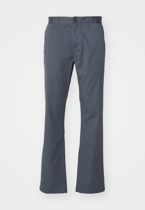 Dark gray, straight-leg pants made of cotton blend, featuring a front button closure, belt loops, and standard pockets. Smooth texture.