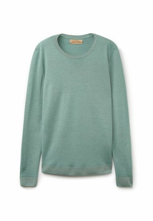 Grön långärmad tröja med rundhals, ribbade ärmslut och nederkant. Tillverkad av mjukt tyg med en lätt textur, som visar en enkel design.