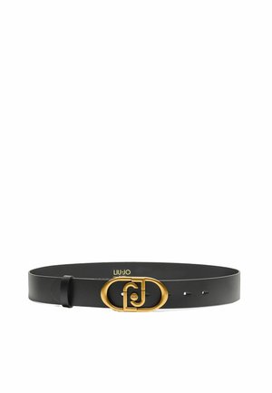 Curea din piele neagră cu o cataramă circulară aurie, având un design cu monogramă, textură netedă și mai multe găuri pentru o ajustare potrivită.