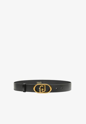 Schwarzer Ledergürtel mit einer goldenen runden Schnalle im Monogramm-Design, glatter Oberfläche und mehreren Löchern für eine verstellbare Passform.