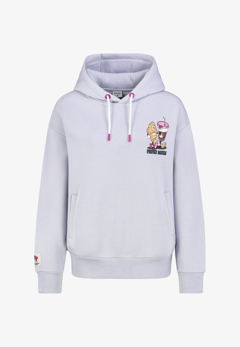 Hell-lila Kapuzenpullover mit weißen Kordeln, Fronttasche und einem Grafikdruck mit einem Croissant und einem Getränk sowie dem Text "Perfekte Kombination."