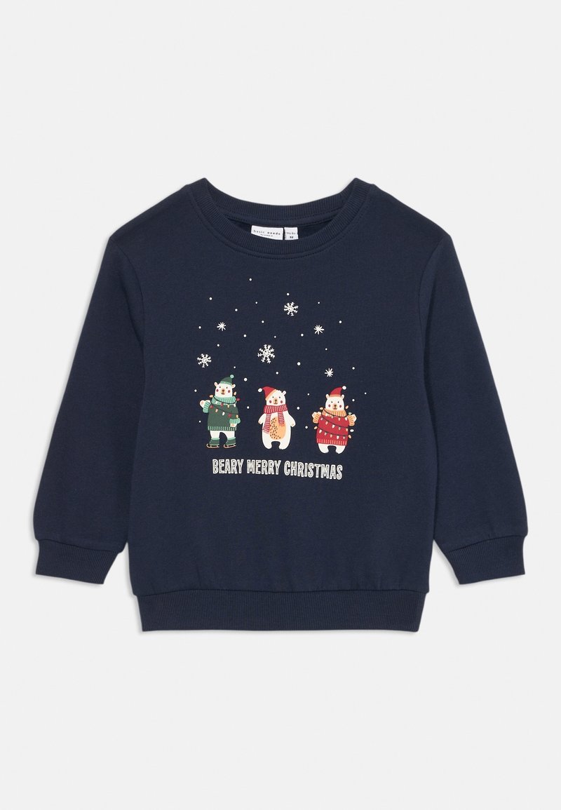 Sweat-shirt bleu marine pour enfants avec trois ours de dessin animé vêtus de vêtements d'hiver, flocons de neige au-dessus, et le texte "Joyeux Noël Ours" en dessous.
