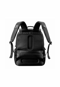 Black backpack with a textured finish, padded straps, top handle, and zippered front pocket. Features a distinctive oval cutout design.