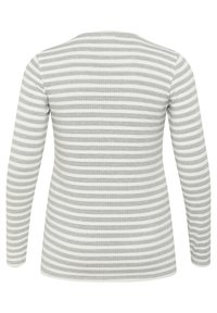 Long-sleeve top in a ribbed texture, featuring alternating gray and white horizontal stripes. Rounded neckline and fitted silhouette.