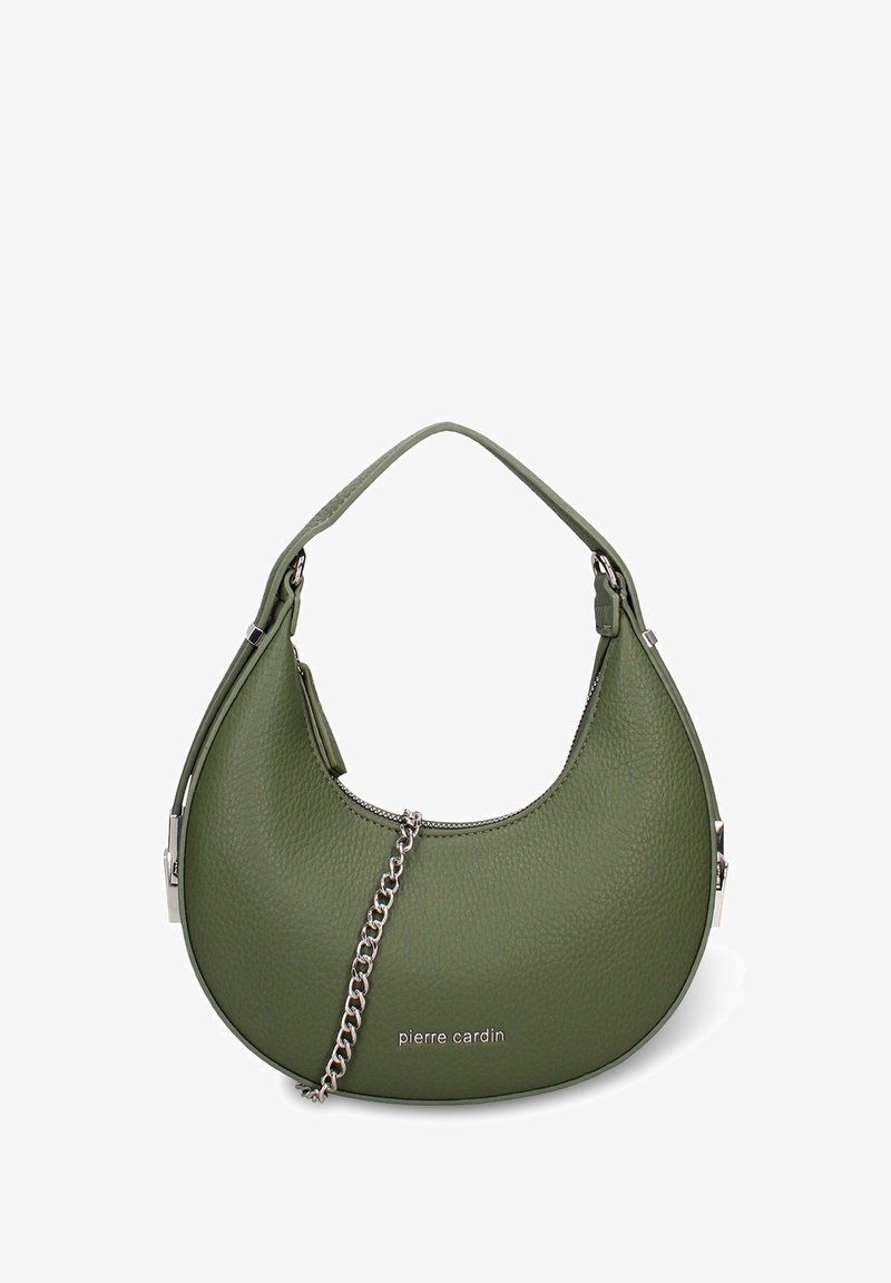 Borsa a mano in pelle verde con silhouette curva, superficie testurizzata, dettaglio catena argentata e logo. Chiusura con cerniera superiore.