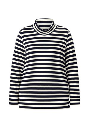Marineblauw en witte gestreepte lange mouw coltrui van ribstof met een hoge hals, met evenwijdige horizontale strepen en een relaxte pasvorm.