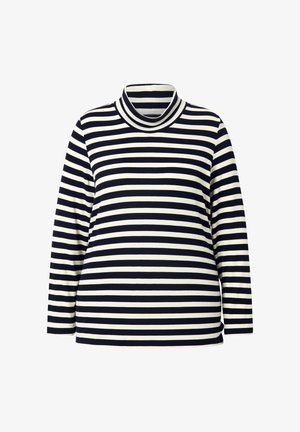 Maglione a maniche lunghe a righe blu navy e bianche in tessuto a costine con collo alto, caratterizzato da righe orizzontali uniformi e una vestibilità comoda.