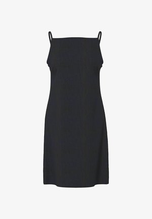 Svart ermeløs kjole til kneet med tynne skulderstropper og rett utringning, vist mot hvit bakgrunn.