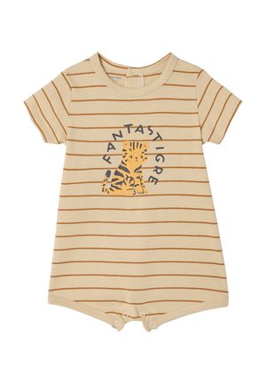 Beiger Baby-Strampler mit braunen horizontalen Streifen, kurzen Ärmeln, Druckknöpfen am unteren Saum und einer Tigerillustration mit dem Text "FANTASTIGRE".