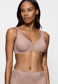 Hellrosa BH mit floralem Muster, Bügelunterstützung und breiten, verstellbaren Trägern. Verfügt über ein dezentes Schlüsselloch-Detail in der Mitte.