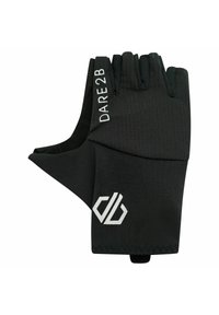 Schwarze Fahrradhandschuhe mit halben Fingern, texturiertem Griff, elastischem Material und bedrucktem "DARE2B"-Logo. Verfügt über verstärkte Nähte und ein offenes Handflächendesign.