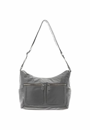 Sac d’épaule gris avec bandoulière réglable, deux poches avant zippées et poches latérales, en matériau lisse.
