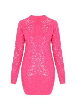 Kirkkaan vaaleanpunainen pitkähihainen neulemekko, jossa pyöreä pääntie ja hillitysti ripotellut hohtavat paljetit hienovaraisella kuviolla.
