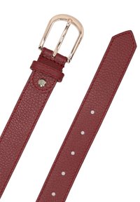 Red textured leather belt with gold metal buckle and five adjustment holes on a white background.