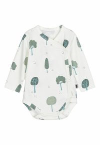 Vit långärmad bodysuit med en omslagdesign, prydd med gröna trämönster och tryckknappar nederst och på sidan. Mjuk bomullsmaterial.